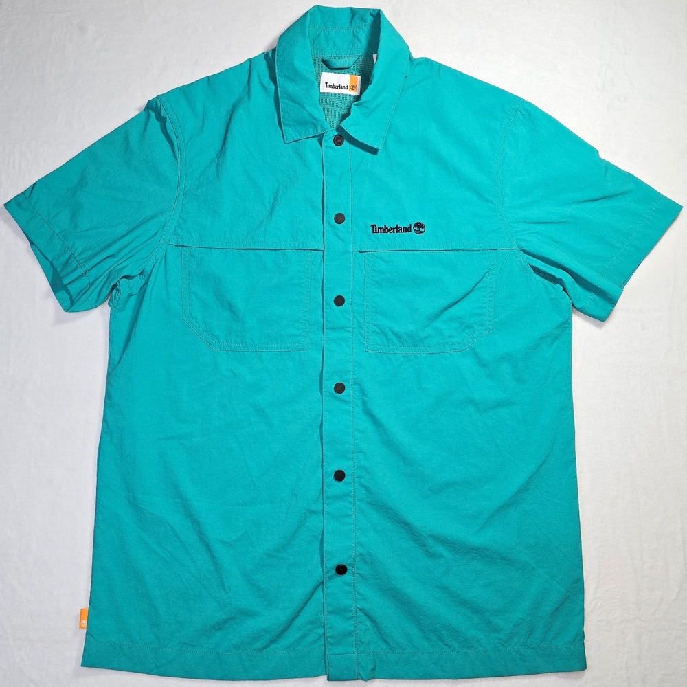 Timberland Mens M Turquoise Short Sleeve Button-Up Woven Pockets Logo